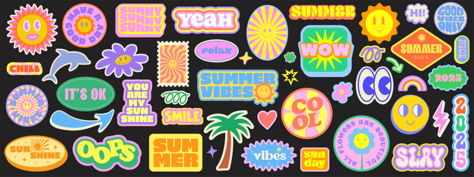 Cool Set Of Summer Stickers Y2k Vector Design. Trendy Groovy Sun Patches. Funny Comic Elements. Organic Shapes. Pop Art Cute Smile Characters.