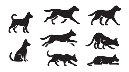 A set of different position of dog silhouettes vector design isolated on white background.