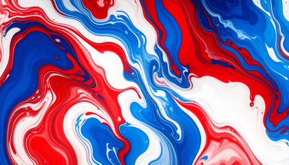 Red, blue, and white acrylic paint swirl in dynamic abstract pattern, creating vibrant and energetic background with fluid movement and bold color contrast