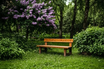 Beautiful Park Bench Surrounded by Blooming Flowers in Springtime.