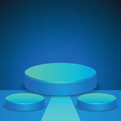 Blue 3d podium stage on background. Modern studio backdrop presentation display or blank pedestal geometric product stand platform template room on showcase background.