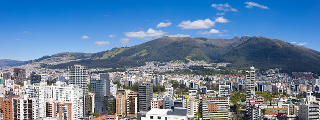 Quito, Ecuador. Panoramic skyline of Carolina Park modern condominiums in central business district.