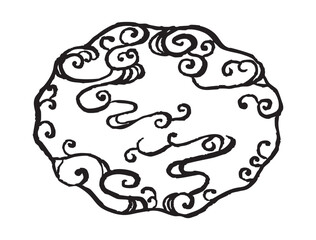 黒い毛筆の和風線画抽象イラスト。墨筆の波の楕円の枠。海やしぶきのコンセプト　