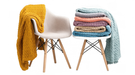 Knitted blankets in various colors are draped over two modern chairs, creating a cozy and inviting atmosphere, perfect for showcasing home decor or winter comfort on a transparent background