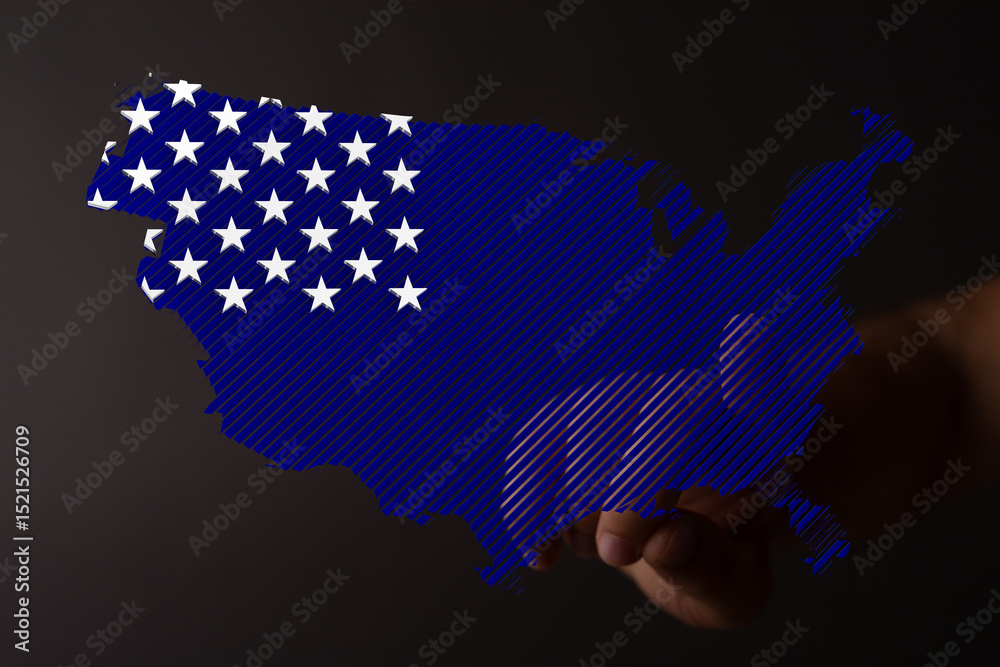 Aufkleber abstract image of a us map with a flag design, a hand interacting digitally.