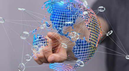 Person's finger interacts with a digital globe, showcasing global network connections and data flow.