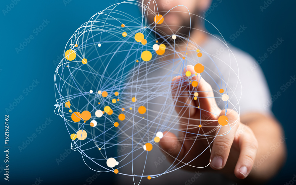 Poster Abstract image of a person interacting with a digital network, representing global connectivity and data visualization.