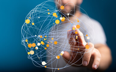 Abstract image of a person interacting with a digital network, representing global connectivity and...