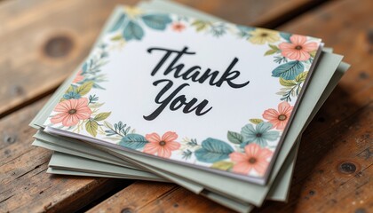 Thank you card with floral design on wooden table