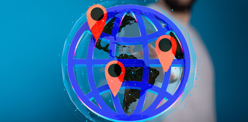 Illustrates global connectivity, location tracking, and worldwide network reach.