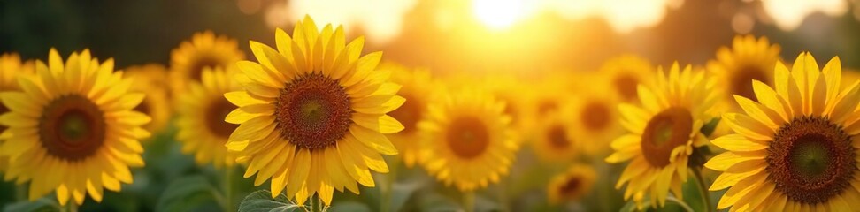 A vibrant field of sunflowers basking in the golden afternoon sun, their rich yellow petals radiating warmth and energy The image evokes feelings of summer, happiness, and abundance , yellow, rays