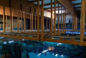Wooden platforms for aquarium maintenance in the Orientarium at the zoo in Łódź