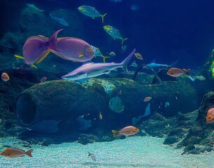 Lodz, Poland. 06.10.25: Colorful fish swimming over the wreck of a sunken aircraft in the aquarium at the Łódź Zoo
