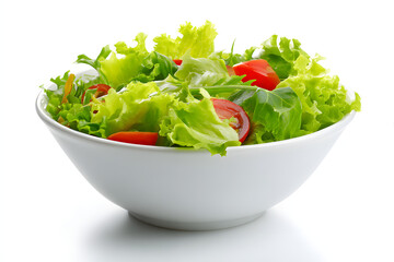 Fresh Mixed Green Salad in White Bowl, Healthy Eating, Crisp Vegetables, Isolated on White