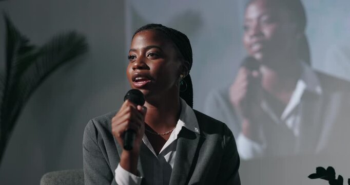 Stage, speaker or black woman in event speech for global economy, forum or finance resources. Presentation, summit and keynote guest talking for financial growth, inflation solution or convention