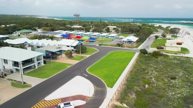 Breathtaking aerial shot of Lancelin's coastline and town, with clear blue waters in Western Australia