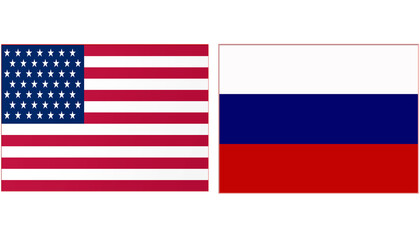 Fototapeta premium USA America Official flag with Russia national flag, both countries flags in Horizontal shape and isolated on white background Rectangular colorful design Flag with together.
