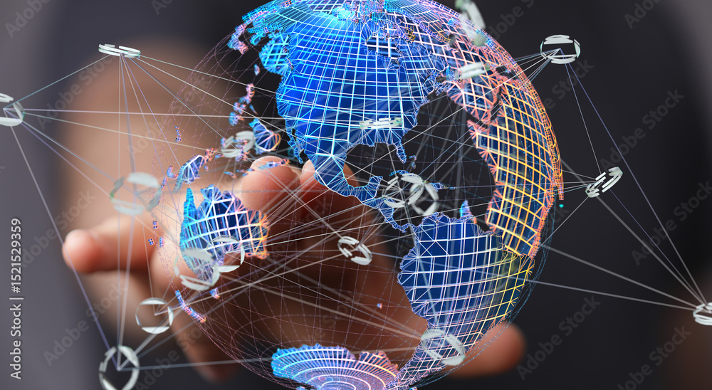 Poster Abstract image of a hand interacting with a digital globe, showcasing global connectivity and networking.