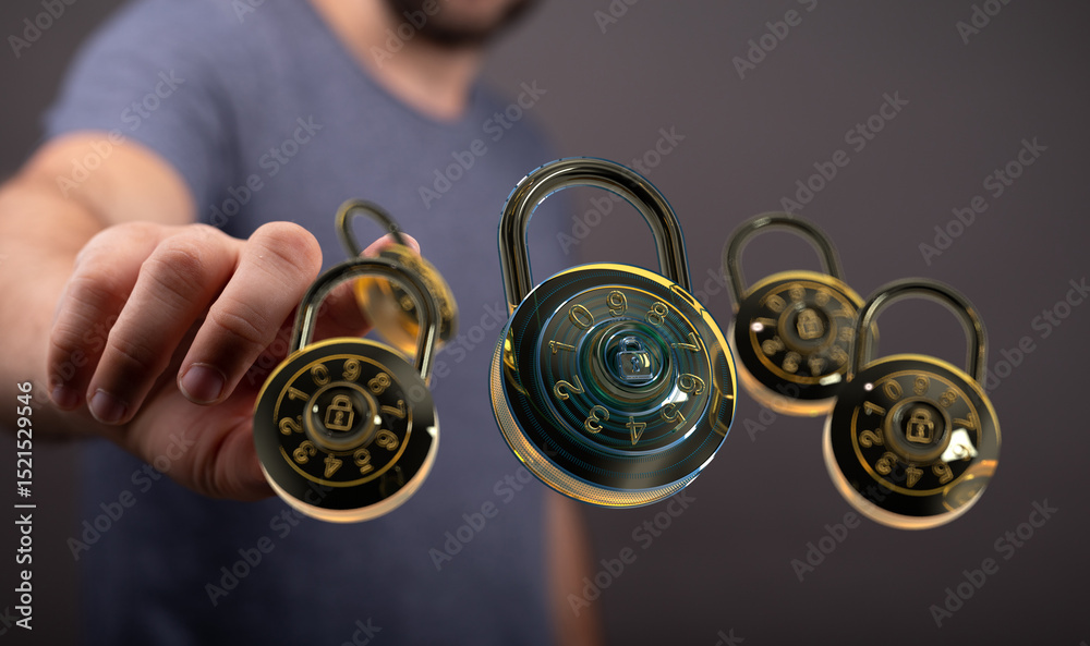 Poster Image depicts a person interacting with digital combination locks, symbolizing data protection and online security.