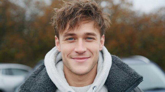 A young man with short hair and a gray hoodie is smiling