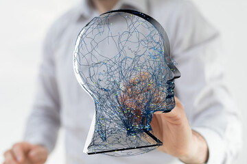 Abstract image of a human head with complex network connections, representing AI, neural networks, or cognitive processes.