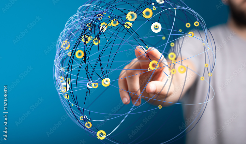 Poster Abstract image of a hand interacting with a digital network sphere.  Represents global connections and technology.