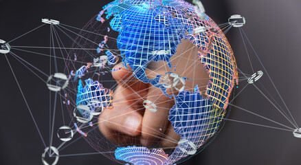 High-tech image depicting global network connections and digital interaction on a world map.
