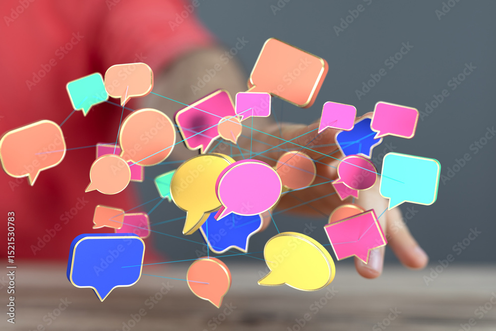 Poster abstract image of interconnected speech bubbles. represents communication, networking, and social me