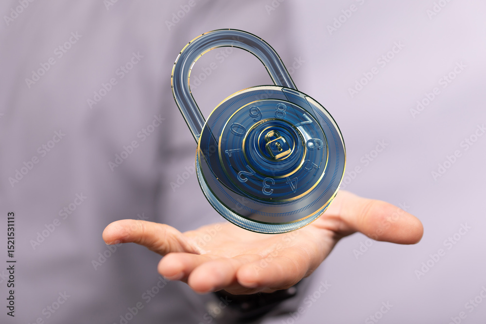 Fototapete Image of a digital combination lock hovering above a hand, symbolizing data security and protection.
