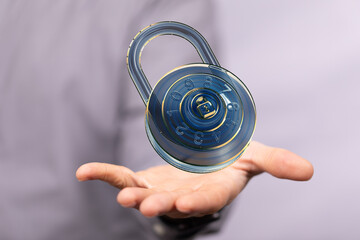 Image of a digital combination lock hovering above a hand, symbolizing data security and protection.