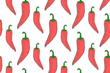 Vector seamless drawing with hot chili red peppers on a white background. Spicy culinary seasoning, Mexican food. Print for kitchen textiles, wallpaper, clothes.