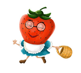 Funny cartoon strawberry is running with the basket