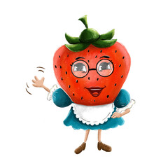 Happy cartoon strawberry waves her hand