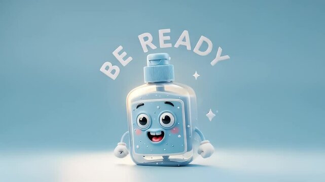 Cartoon hand sanitizer close-up with be ready text in pastel scene