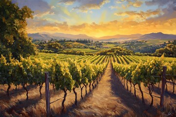 Naklejka premium Vineyard Landscape with Rolling Hills and Golden Sunset