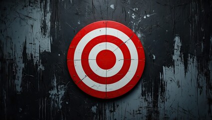 Red and white circular target centered on worn black and grey grunge background. High-contrast textures with scratches and paint splatter details.