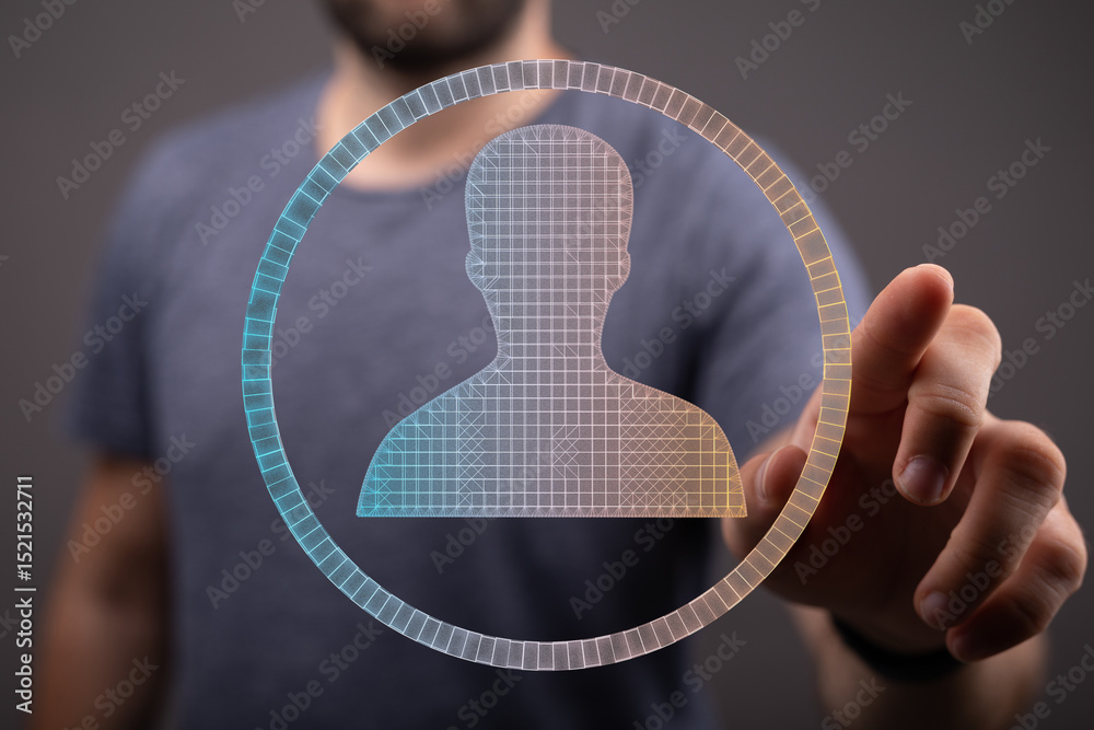 Poster abstract image of a person icon, representing digital identity, in a man's hand. perfect for technol
