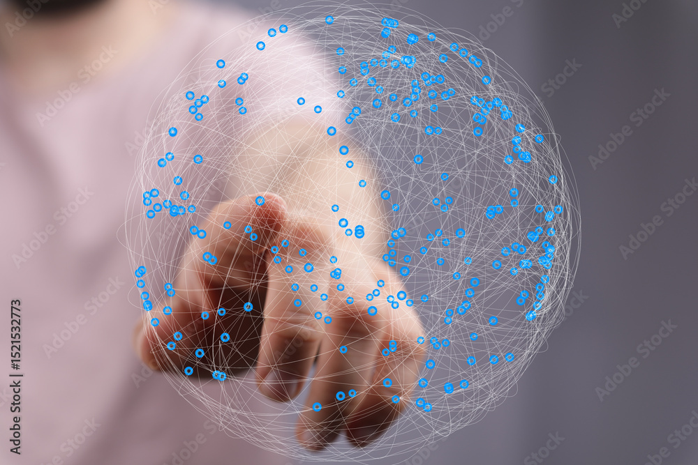 Leinwandbilder Abstract image of a hand interacting with a digital network sphere, representing global connectivity and data visualization.