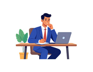 Cartoon Businessman at Desk with Laptop Plant and Notebook Thinking