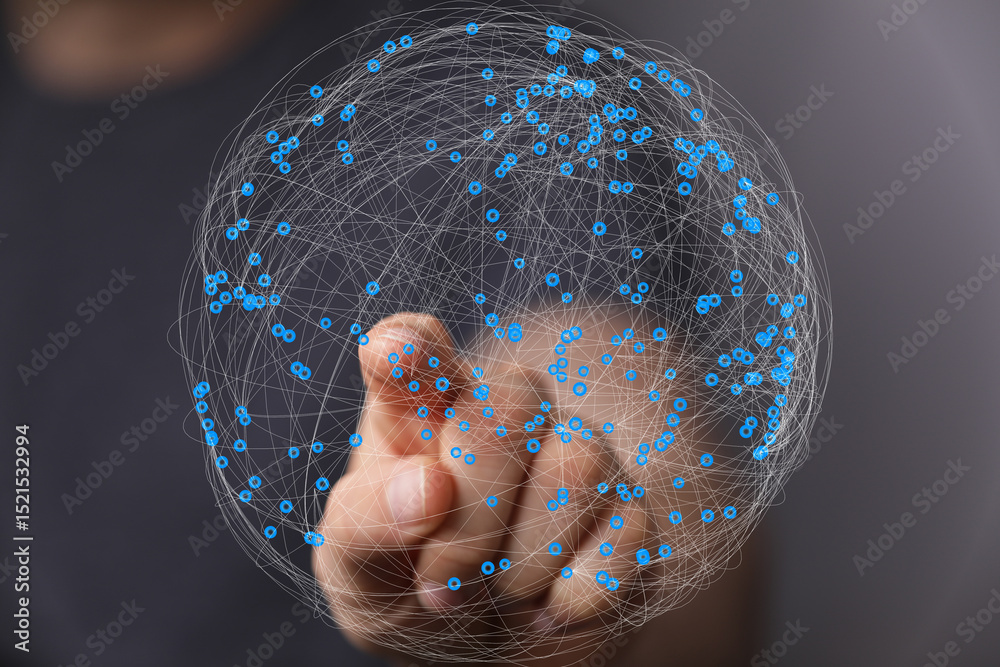 Leinwandbilder hand interacts with a digital globe, showing network connections and data points.