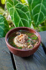 Rawon, Indonesia, captured on June 9, 2025. A traditional Indonesian beef soup made with rich black broth from keluak nuts, served with rice, bean sprouts, and salted egg.