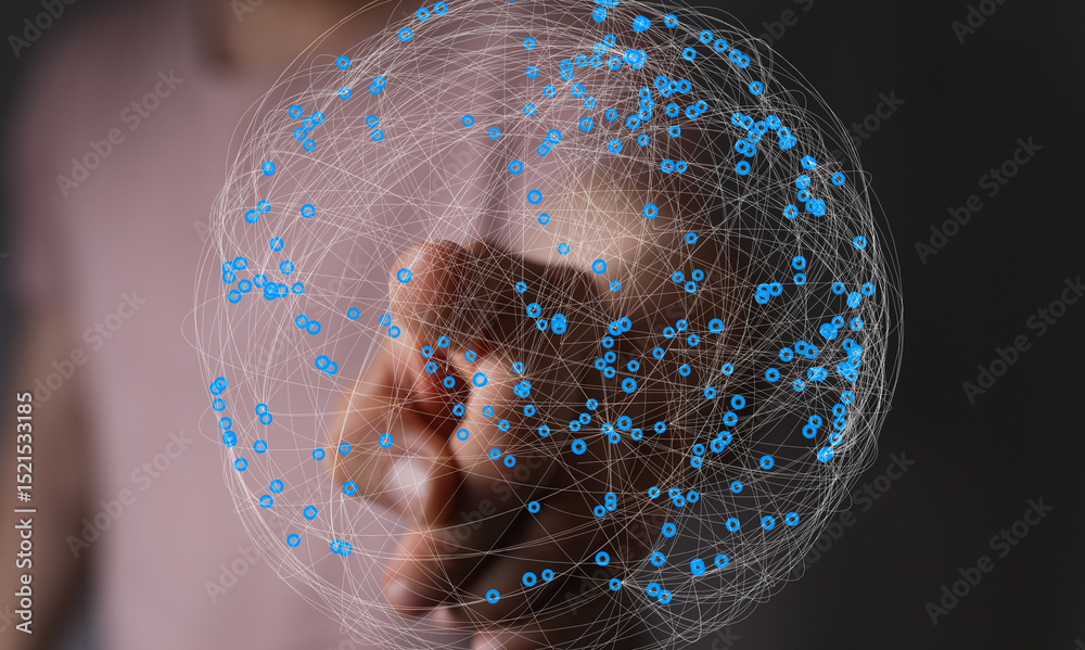 Aufkleber Abstract image of a hand interacting with a digital sphere, representing global networking and connectivity.