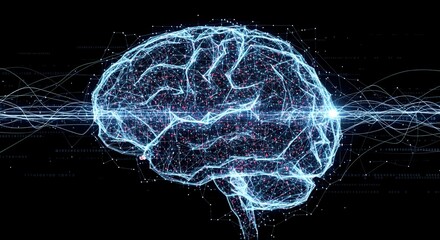 An artistic digital representation of a brain formed by glowing nodes and connections, symbolizing AI and neuroscience.