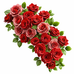 Obraz premium A beautiful arrangement of red and pink roses with vibrant green foliage on white background.