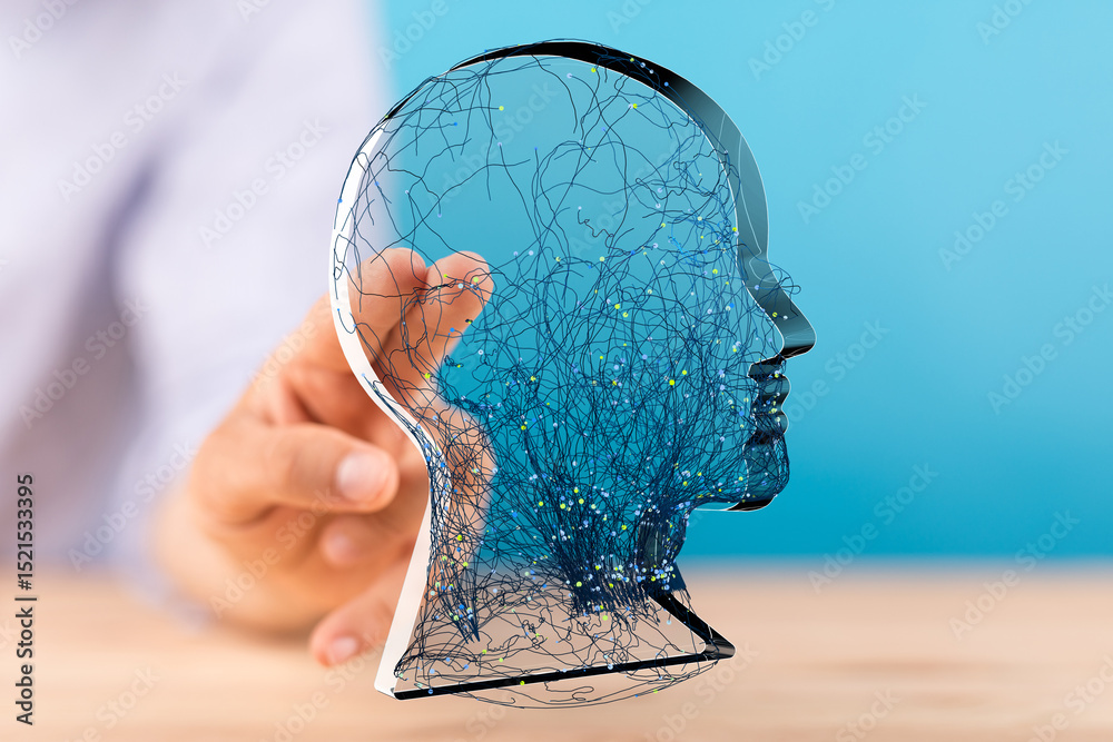 Aufkleber Abstract image of a human head with neural connections, representing AI, data processing, or brain activity.