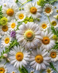 Obraz premium Delicate arrangement of white daisies and wild meadow flowers natural flat lay radiant water droplets floral photography outdoor setting nature-inspired aesthetic