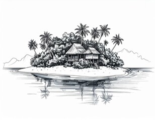 Tropical Island Paradise Two Charming Beach Huts Nestled Amongst Lush Palm Trees and Tranquil Ocean