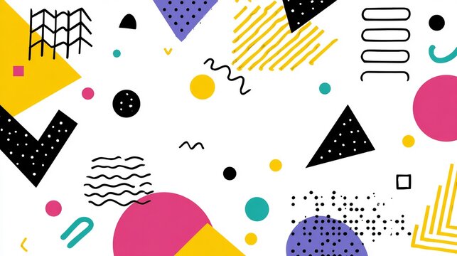 Vibrant abstract background with playful geometric shapes and retro 80s aesthetic