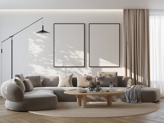 Plakat Frame mockup, ISO A paper size. Living room wall poster mockup. Interior mockup with house background. Modern interior design. 3D render 