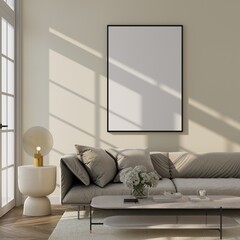 Plakat Frame mockup, ISO A paper size. Living room wall poster mockup. Interior mockup with house background. Modern interior design. 3D render 